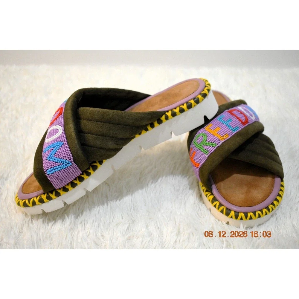 Rue De La Lune X Freedom Beaded Platforms Olive Suede Multicolor - Women's 39/8